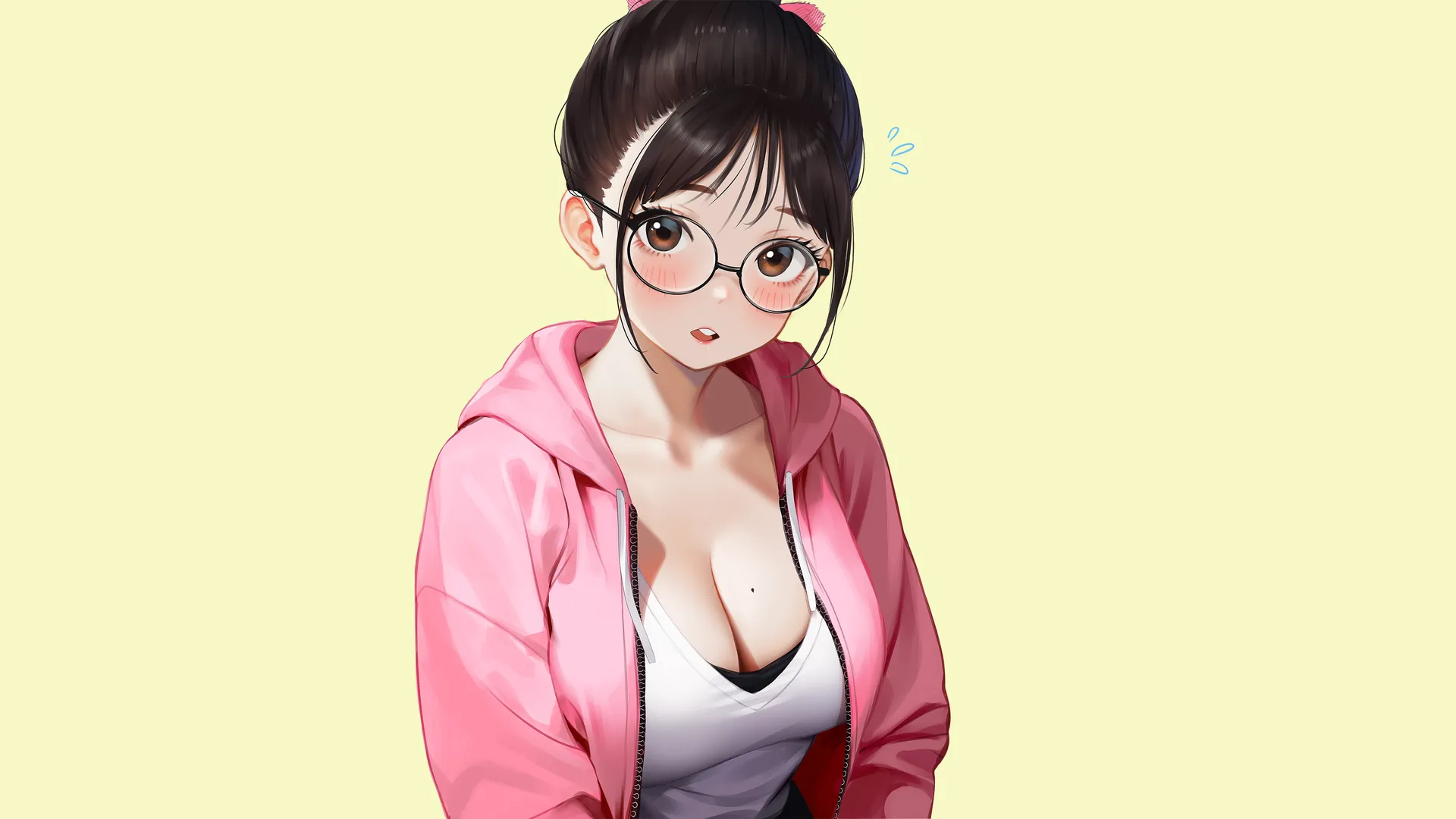 马尾辫 动漫 女孩 简单 背景 脸红 眼镜 部 4K壁纸