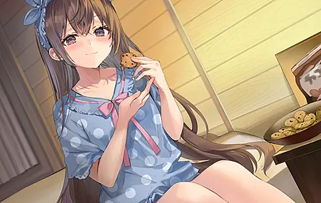 长发 深色头发 动漫 女孩 饼干 糖果 吃 紫色眼睛 4K壁纸