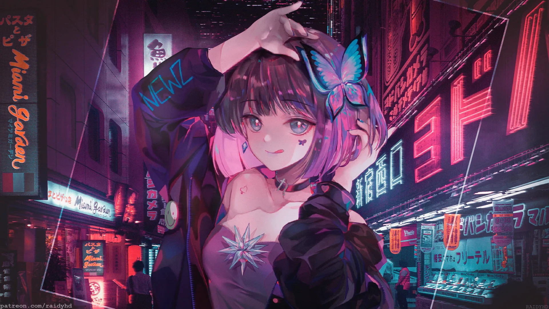 动漫 女孩 画中画 蝴蝶 夜晚 商店 小巷 4K壁纸