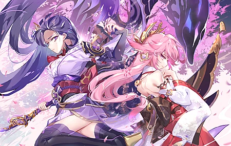 原神 长发 微笑 动漫 女孩 花瓣 武器 4K壁纸