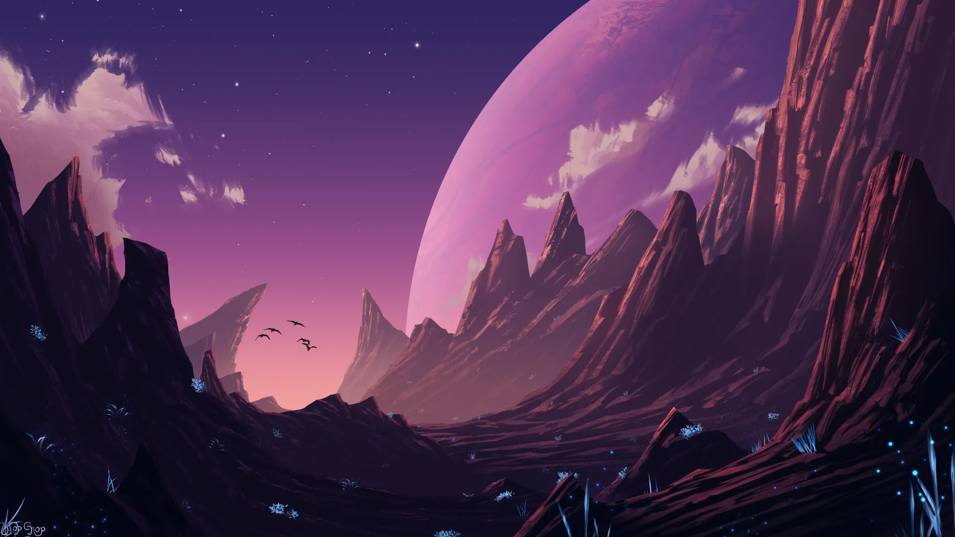 AI艺术 插图 风景 自然 行星 岩石 构造 鸟类 星星 山脉 生物发光 森林 4K壁纸