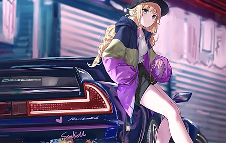 长发 蓝眼睛 金发 汽车 动漫 女孩 帽子 眼镜 尾灯 4K壁纸