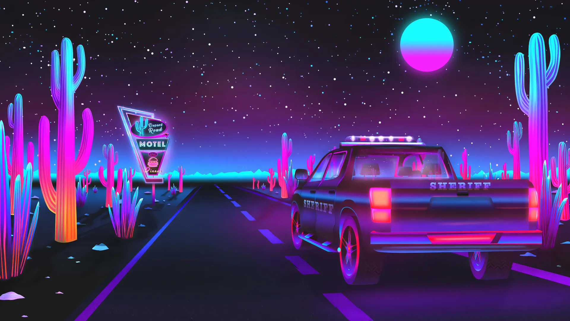 数码艺术 插图 霓虹灯 灯光 夜晚 夜空 天空 风景 自然 沙漠 星星 车辆 道路 霓虹 招牌 汽车旅馆 黑暗 月亮 月光 仙人掌 五颜六色 发光 紫色 4K壁纸