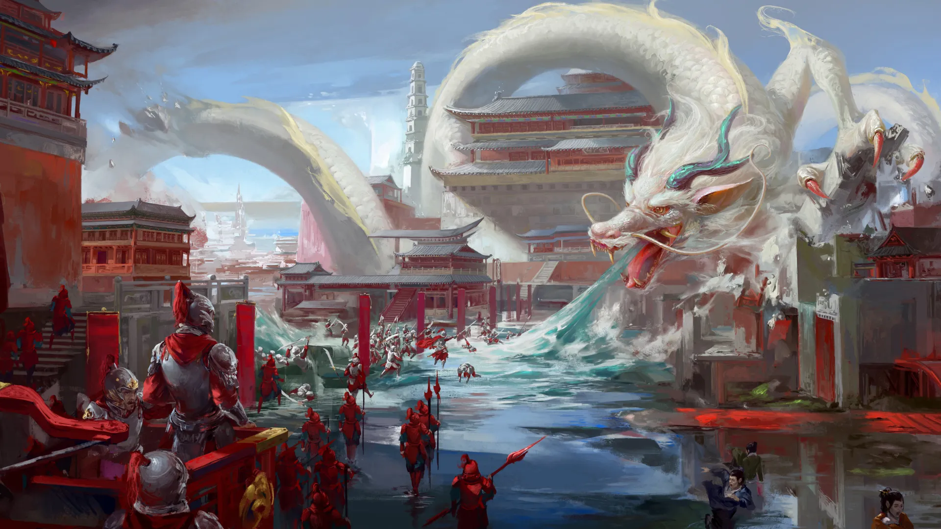 绘画 奇幻艺术 生物 龙 水 中国龙 古建筑 士兵 奇幻 龙王庙 8K壁纸