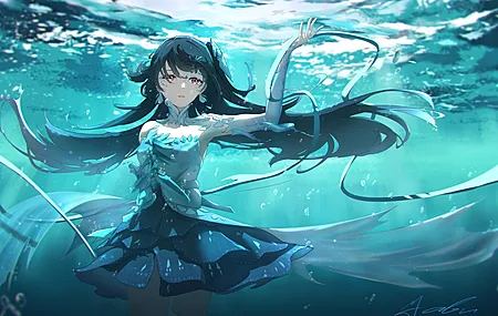 长发 动漫 女孩 水下 水中 裙子 水中 耳环 泡泡 8K壁纸