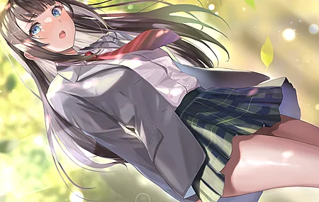 腿 长发 深色头发 蓝眼睛 裙子 动漫 女孩 校服 4K壁纸