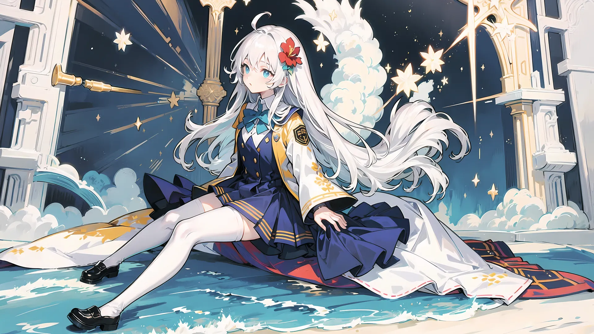 女学生 长发 校服 连衣裙 艺术 动漫 女孩 蝴蝶结 头发上花 长袜 水 星星 裙子 4K壁纸