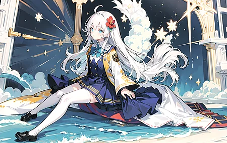 女学生 长发 校服 连衣裙 艺术 动漫 女孩 蝴蝶结 头发上花 长袜 水 星星 裙子 4K壁纸