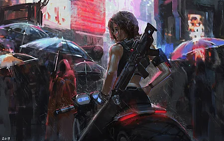女人 武器 城市 雨伞 雨 未来主义 摩托车 奇幻艺术 夜晚 4K壁纸