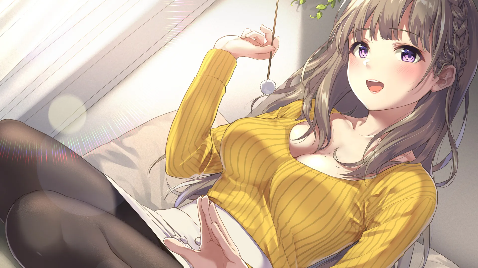 深色头发 银幕 动漫 女孩 连裤袜 迷你裙 毛衣 紫色眼睛 4K壁纸