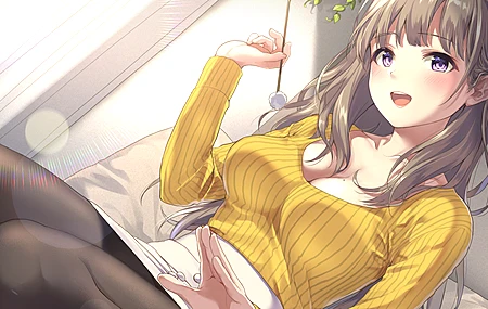 深色头发 银幕 动漫 女孩 连裤袜 迷你裙 毛衣 紫色眼睛 4K壁纸