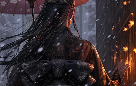 女人 原创人物 长发 和服 图片 绘画 后面 伞 雪 火 幻想艺术 4K壁纸