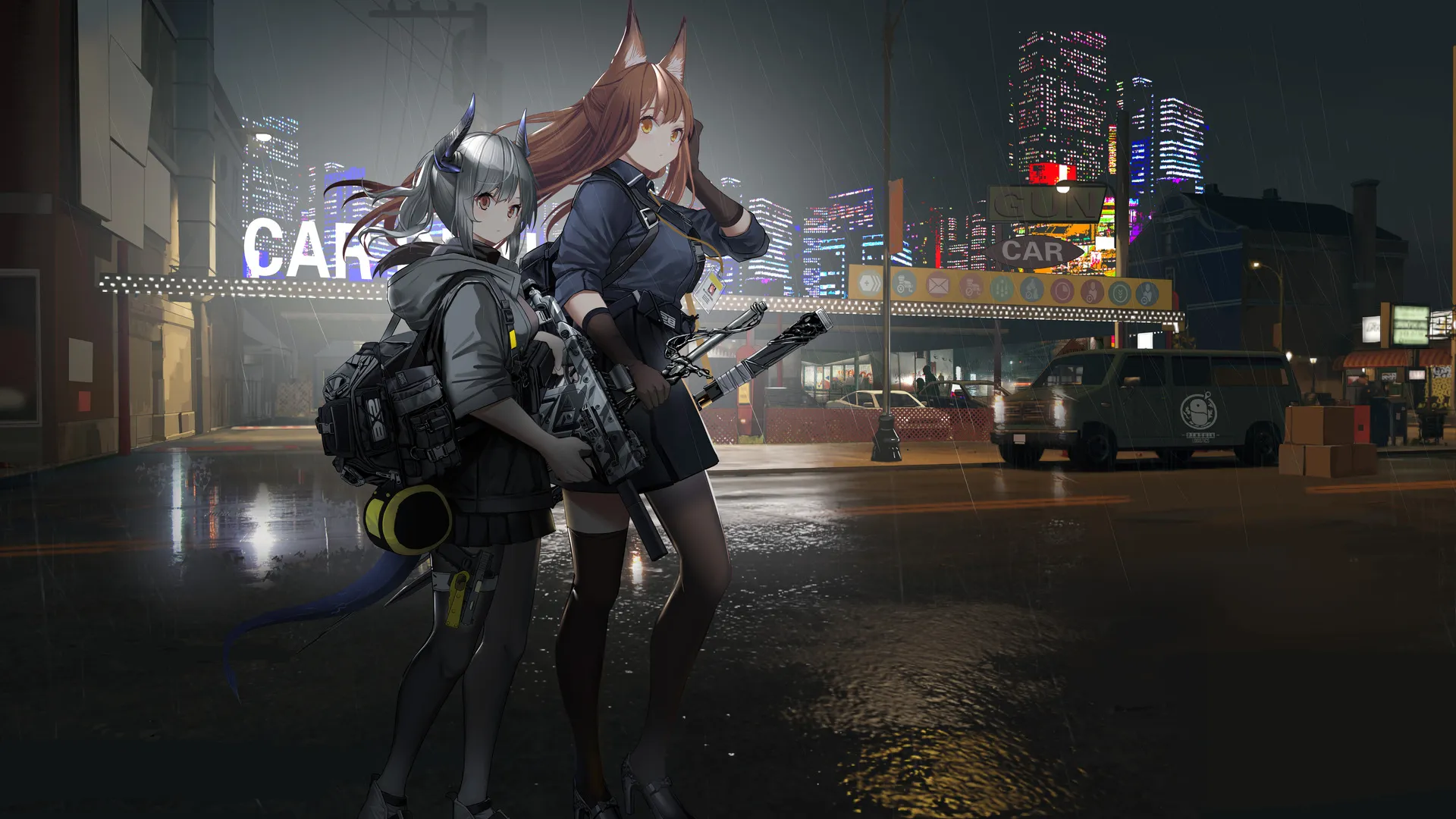枪 户外 汽车 包 动漫 女孩 战士利斯卡姆 弗兰卡 剑 武器 号角 尾巴 兽耳 夜晚 4K壁纸