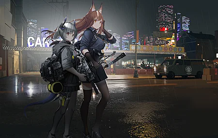 枪 户外 汽车 包 动漫 女孩 战士利斯卡姆 弗兰卡 剑 武器 号角 尾巴 兽耳 夜晚 4K壁纸
