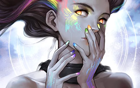 女人 奇幻女孩 长发 橙色眼睛 AI艺术 奇幻艺术 未来主义 五颜六色 彩虹 科幻 彩色指甲 4K壁纸
