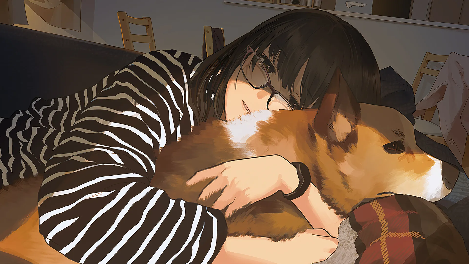 黑发 室内 女人 拥抱 动漫 女孩 棕色眼睛 狗 柯基犬 条纹衣服 眼镜 动物 4K壁纸