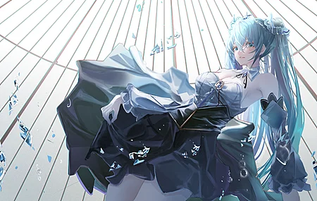 蓝头发 蓝眼睛 动漫 女孩 初音 小提琴 连衣裙 4K壁纸