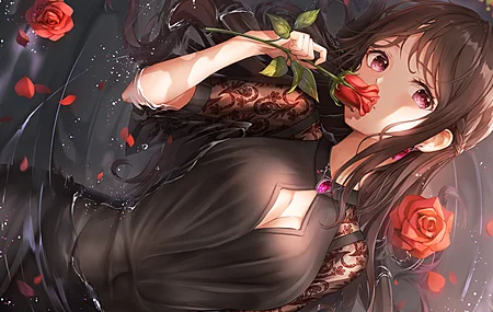 仰卧 长发 动漫 女孩 水 花 花瓣 衣服 腮红 4K壁纸