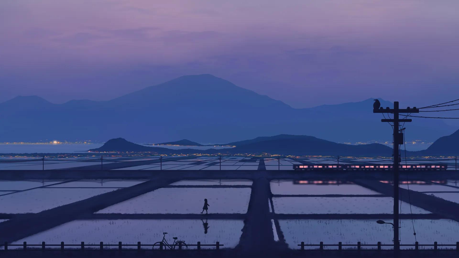 数字艺术 插图 绘画 风景 自然 山脉 电线杆 稻田 火车 倒影 蓝色 4K壁纸