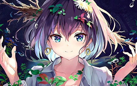 原创 人物 黑头发 蓝眼睛 微笑 女孩 动漫 肖像 衬衫 耳环 植物 鲜花 水滴 自然 鱼 素描 AI艺术 插图 4K壁纸