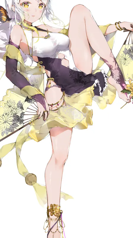 白发 菩提 武圣花 动漫 女孩 极简主义 简单背景 白色背景 黄眼睛 手机壁纸 4K壁纸