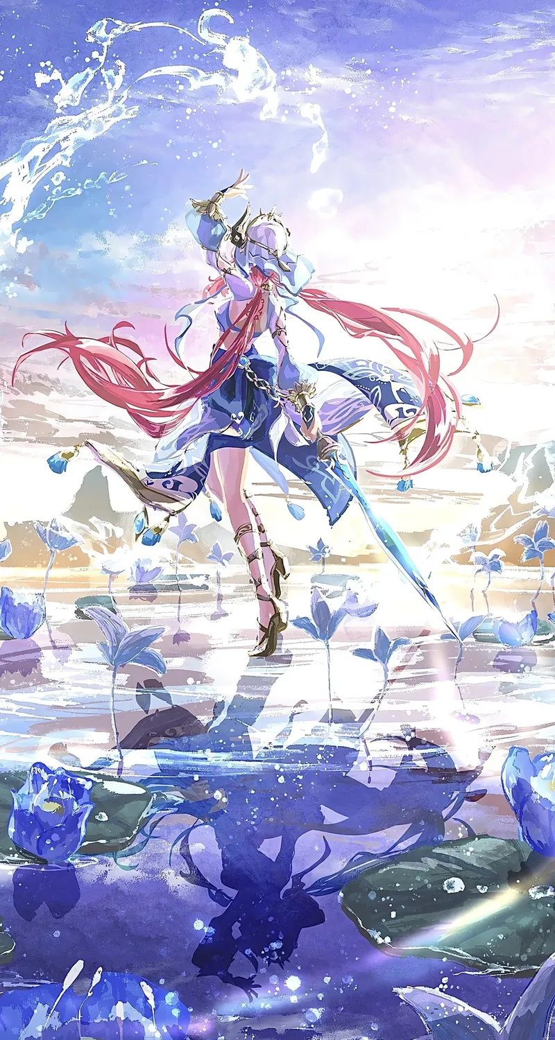长发 红发 动漫 女孩 水 鲜花 倒影 水滴 天空 睡莲 武器 双尾 手机壁纸 4K壁纸