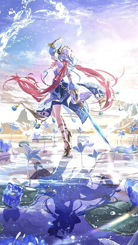 长发 红发 动漫 女孩 水 鲜花 倒影 水滴 天空 睡莲 武器 双尾 手机壁纸 4K壁纸