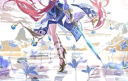 长发 红发 动漫 女孩 水 鲜花 倒影 水滴 天空 睡莲 武器 双尾 手机壁纸 4K壁纸