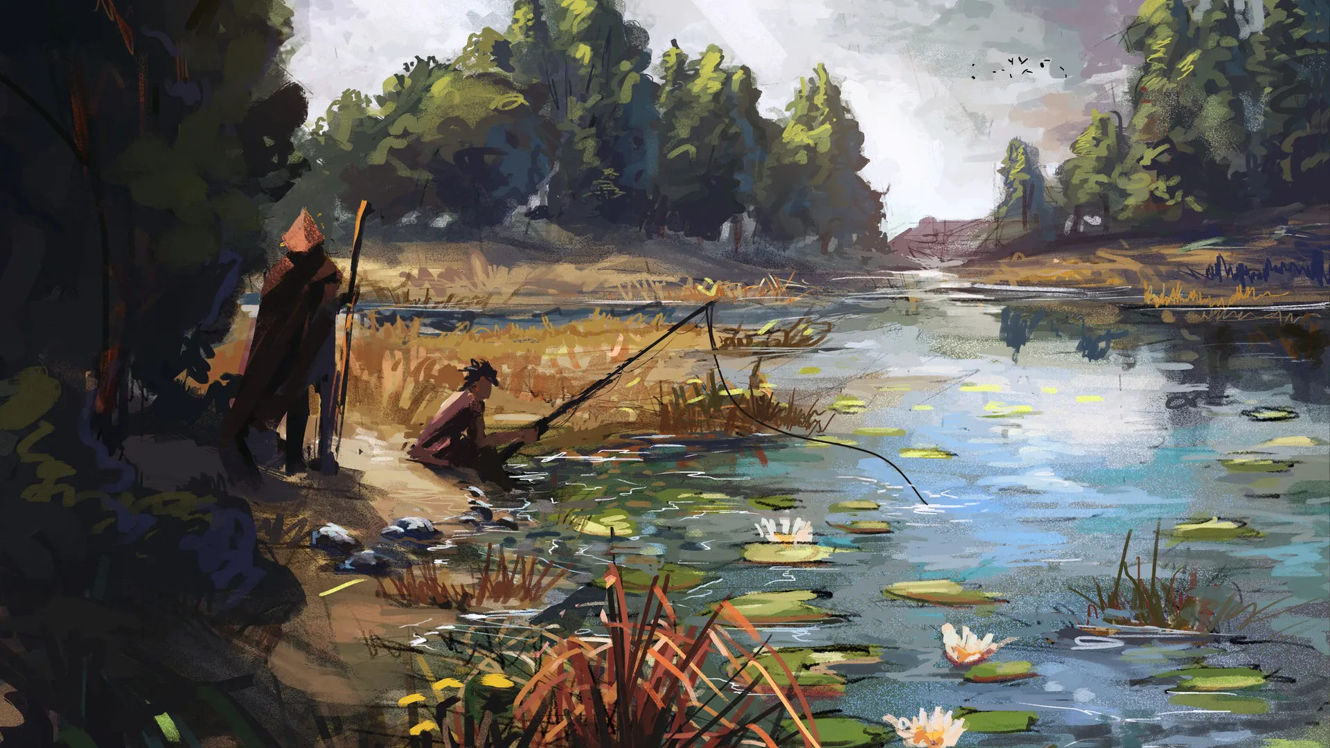 渔夫 山羊 早餐 数码绘画 风景 河流 4K壁纸