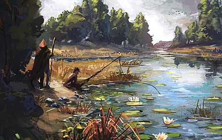 渔夫 山羊 早餐 数码绘画 风景 河流 4K壁纸
