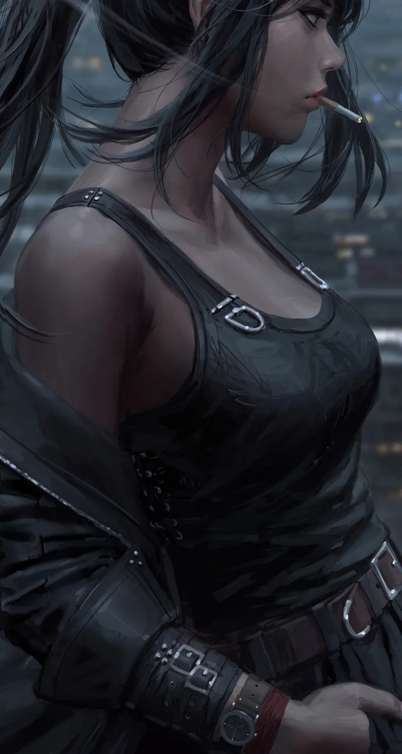 女性 马尾辫 侧面 原创 角色 吸烟 黑色 衣服 艺术品 绘画 手机壁纸 4K壁纸