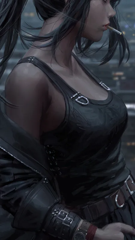 女性 马尾辫 侧面 原创 角色 吸烟 黑色 衣服 艺术品 绘画 手机壁纸 4K壁纸