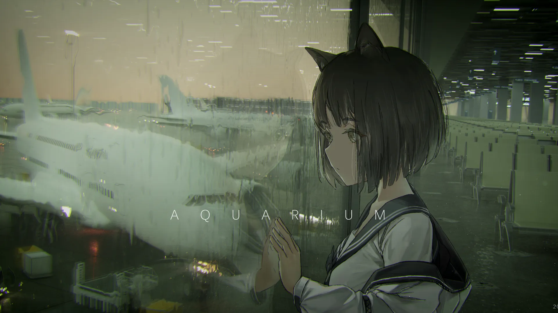 动漫 女孩 雨 猫耳朵 机场 玻璃 眺望 4K壁纸