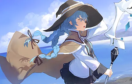 魔法师 辫子 蓝头发 蓝眼睛 风 动漫 女孩 水 云 帽子 巫师帽子 双尾 4K壁纸