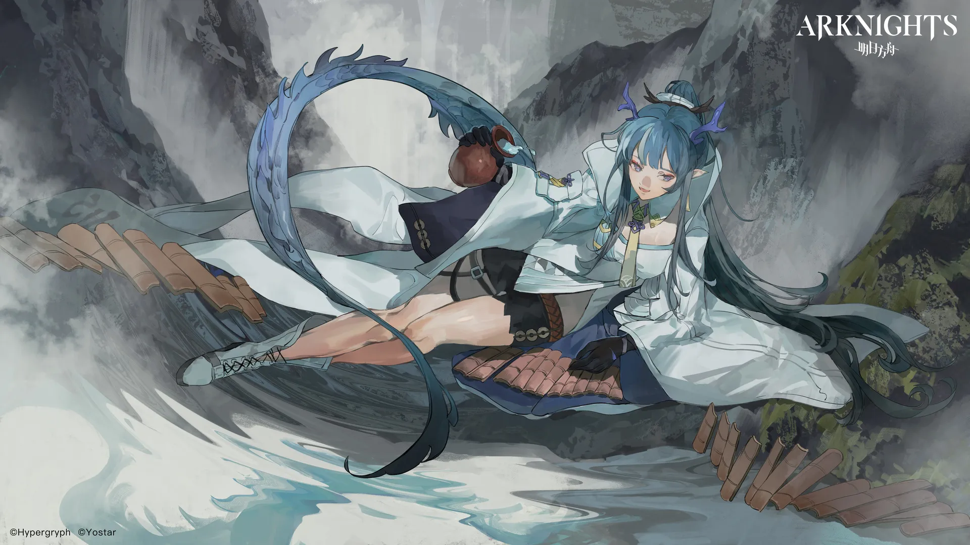 蓝头发 蓝眼睛 奇幻 女孩 骑士 铃儿 动漫 号角 龙女孩 尾巴 兽耳 明日方舟 4K壁纸