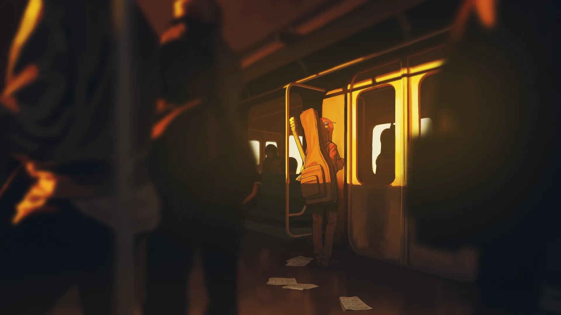 人们 动漫 女孩 岩石 男孩 吉他 地铁 阳光 灯光 效果 景深 4K壁纸