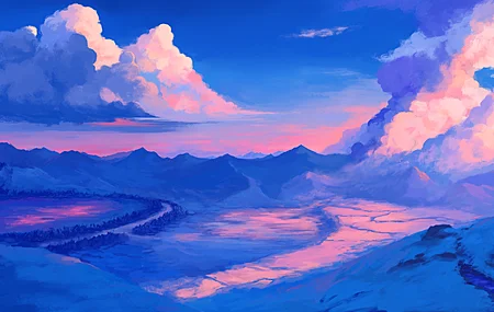 数字艺术 插图 数字绘画 风景 自然 蓝色 云山 4K壁纸