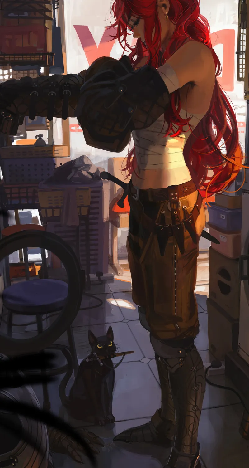 原创 人物 红发 艺术品 绘画 猫 绷带 女人 手机壁纸 4K壁纸