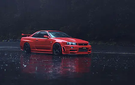 汽车 红色 雨 黑暗 背景 发动机 正视图 头灯 简单背景 车辆 红色汽车 倒影 4K壁纸
