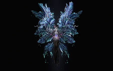 白发 全身 幻想 女孩 长发 口红 女人 黑暗背景 翅膀 简单背景 花卉 尖耳朵 黑色背景 CGI 数字艺术 4K壁纸
