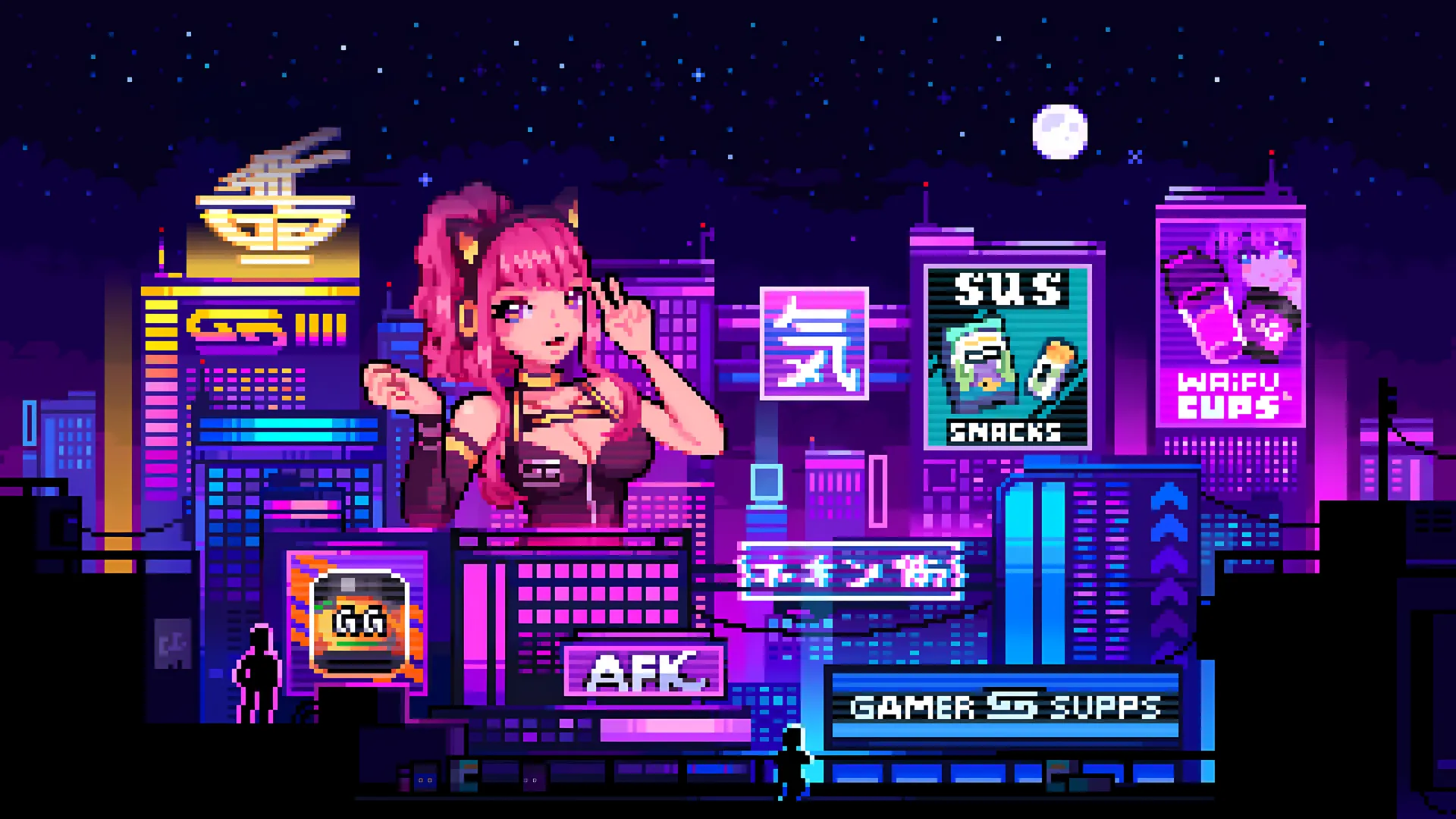 马尾辫 粉色头发 长发 城市 灯光 升级 建筑 天空 夜晚 动漫 女孩 耳机 猫耳 满月 星星 月亮 标志 像素 4K壁纸