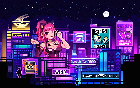 马尾辫 粉色头发 长发 城市 灯光 升级 建筑 天空 夜晚 动漫 女孩 耳机 猫耳 满月 星星 月亮 标志 像素 4K壁纸