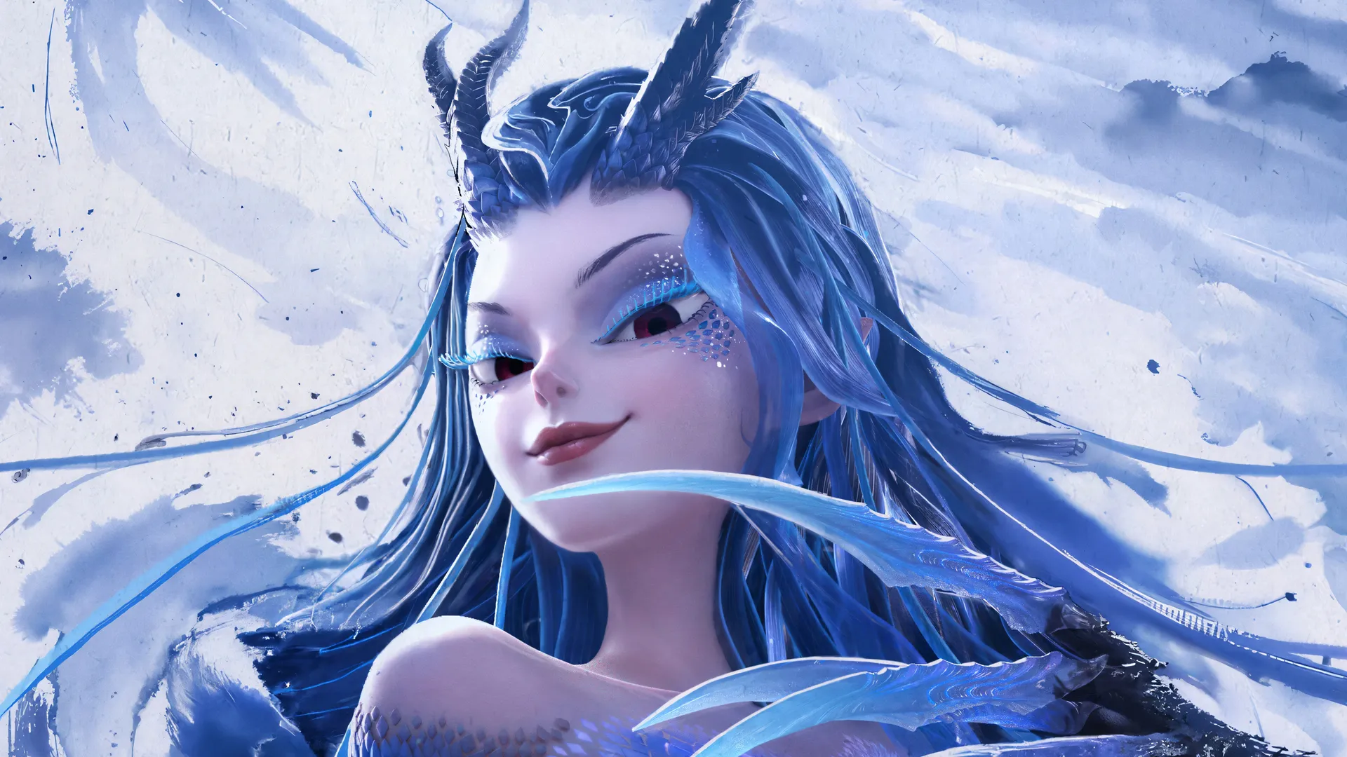 敖闰 哪吒 魔童闹海 水墨 海报 蓝色 龙鳞 龙角 龙爪 微笑 4K壁纸