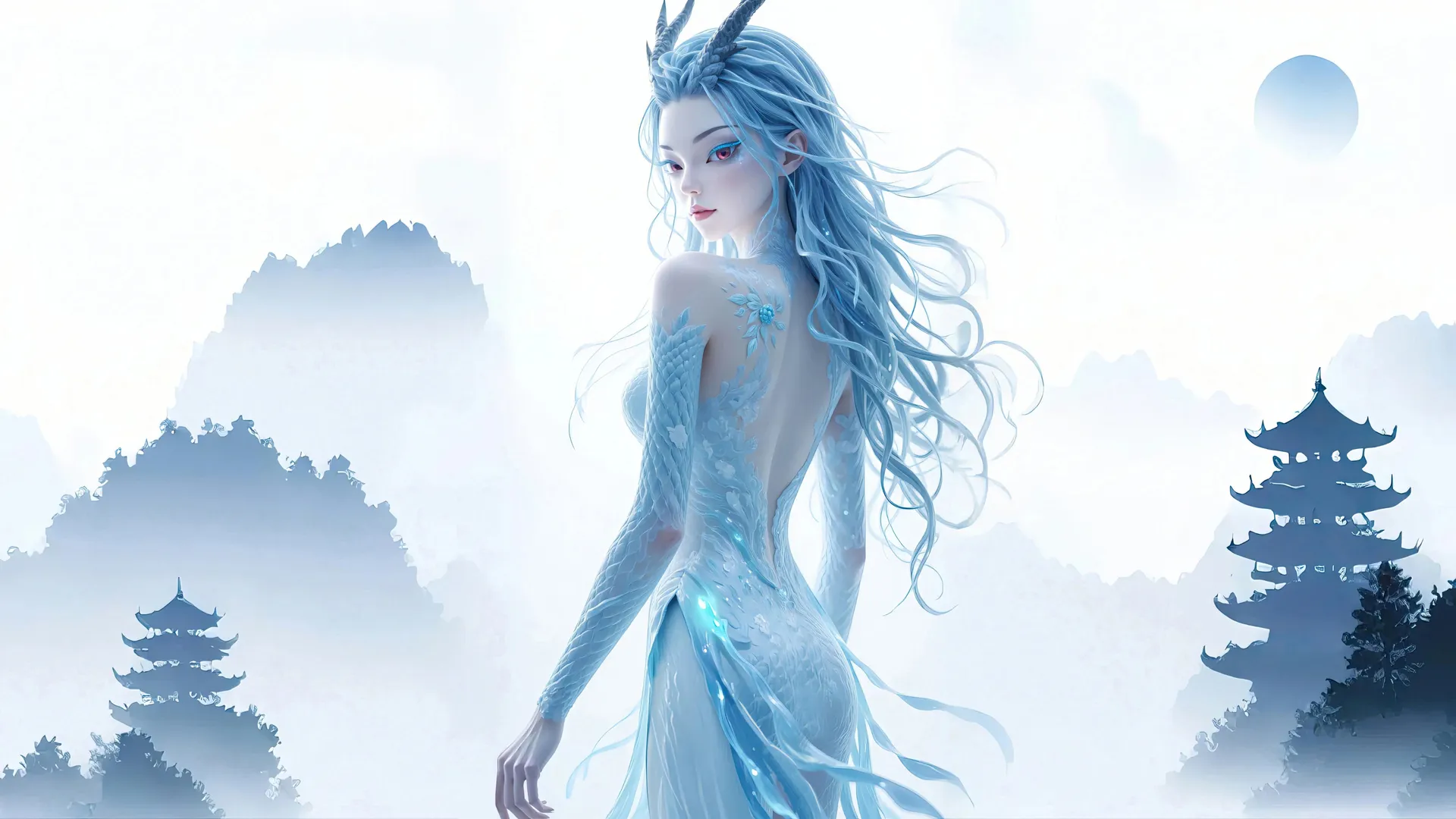 敖闰 侧身 美图 美女 龙角 龙身 站立 蓝色 哪吒 魔童闹海 4K壁纸