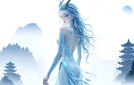 敖闰 侧身 美图 美女 龙角 龙身 站立 蓝色 哪吒 魔童闹海 4K壁纸