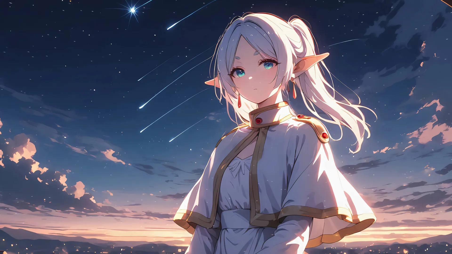 芙莉莲 星光 精灵耳朵 尖耳朵 马尾 白色头发 带鱼屏 2K壁纸