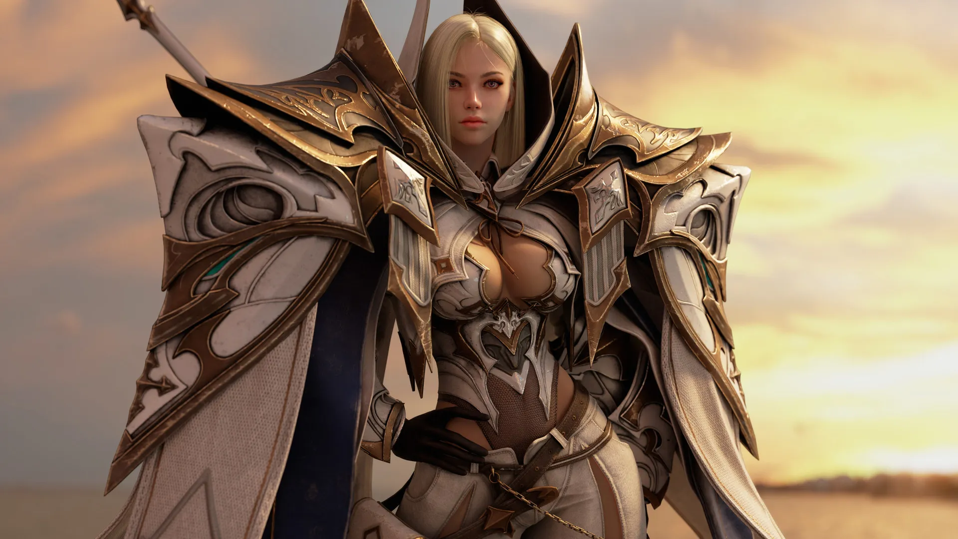 女人 骑士 长发 金发 站立 女战士 CGI 盔甲 垫肩 模糊背景 天空 紫色眼睛 日落 光芒 黑手套 4K壁纸