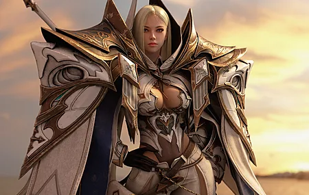 女人 骑士 长发 金发 站立 女战士 CGI 盔甲 垫肩 模糊背景 天空 紫色眼睛 日落 光芒 黑手套 4K壁纸