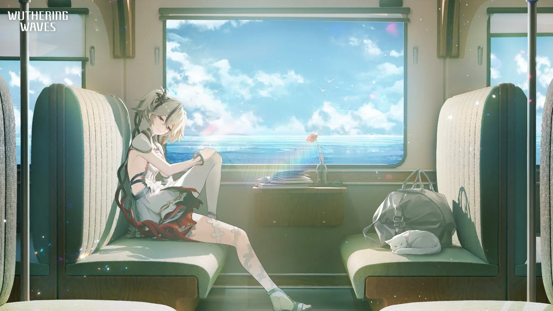 电子 游戏 角色 女孩 白发 呼啸波 猫咪 火车 晴朗 天空 云朵 白色丝袜 连衣裙 双胞胎 头饰 旅行包 火车  4K壁纸