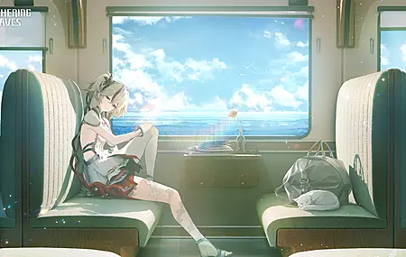 电子 游戏 角色 女孩 白发 呼啸波 猫咪 火车 晴朗 天空 云朵 白色丝袜 连衣裙 双胞胎 头饰 旅行包 火车  4K壁纸
